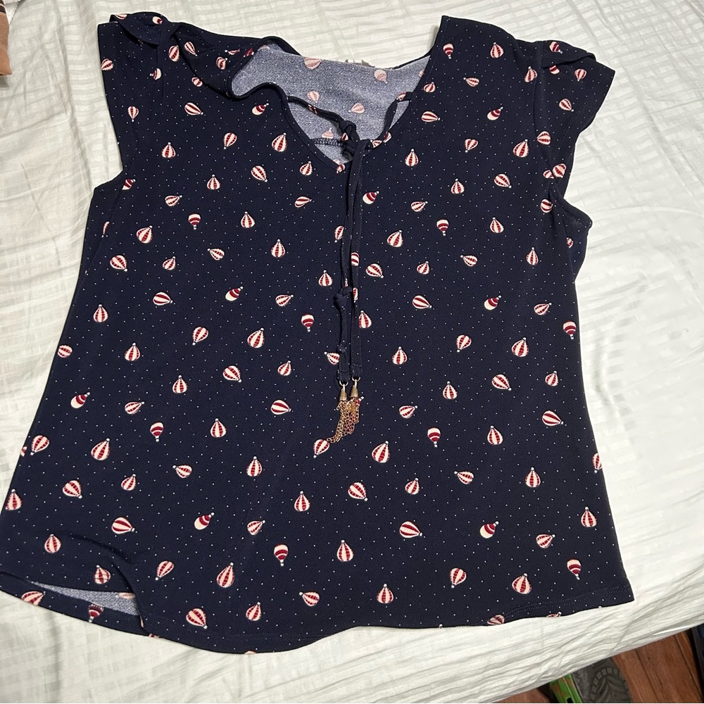 Navy Blouse with Red and White Pattern